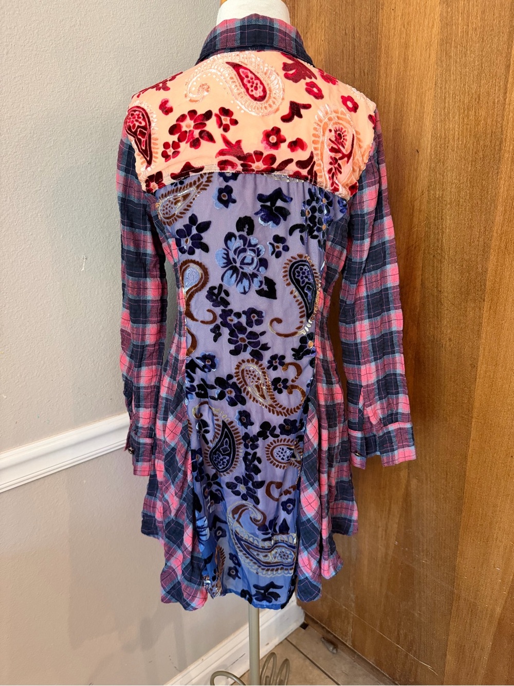Pink & Blue Mixed-Print Mixed Medium Long Sleeve Shirt Dress